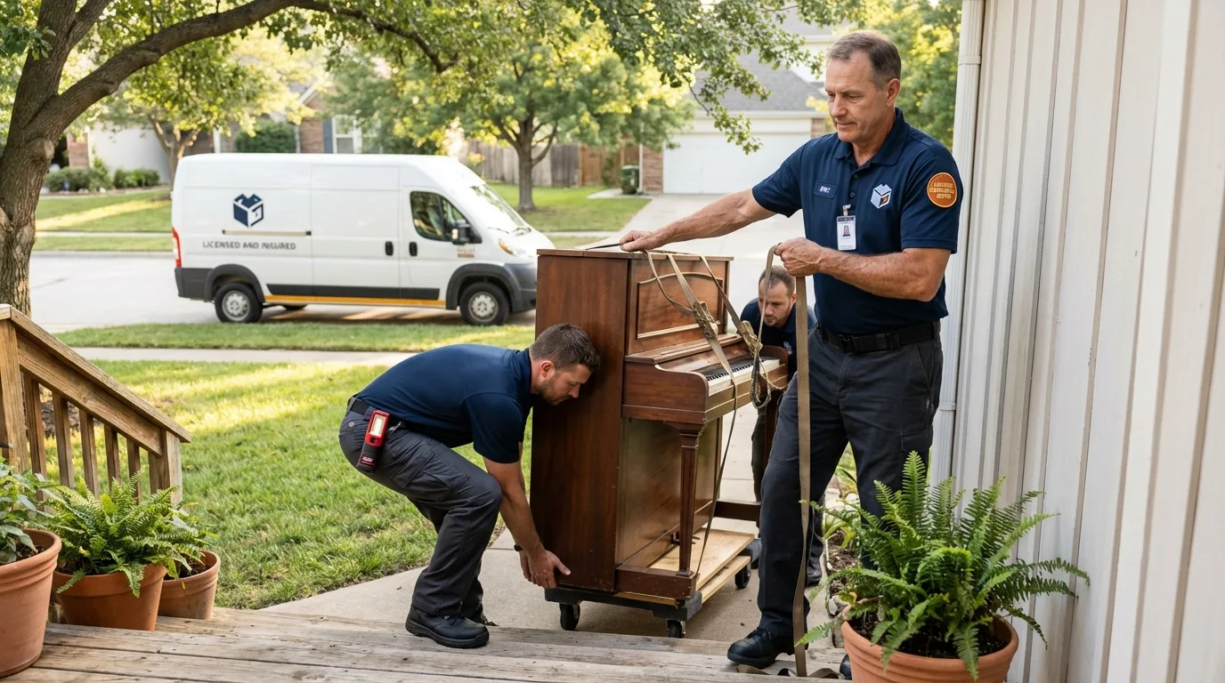 Licensed piano movers securing grand piano in Groton, CT