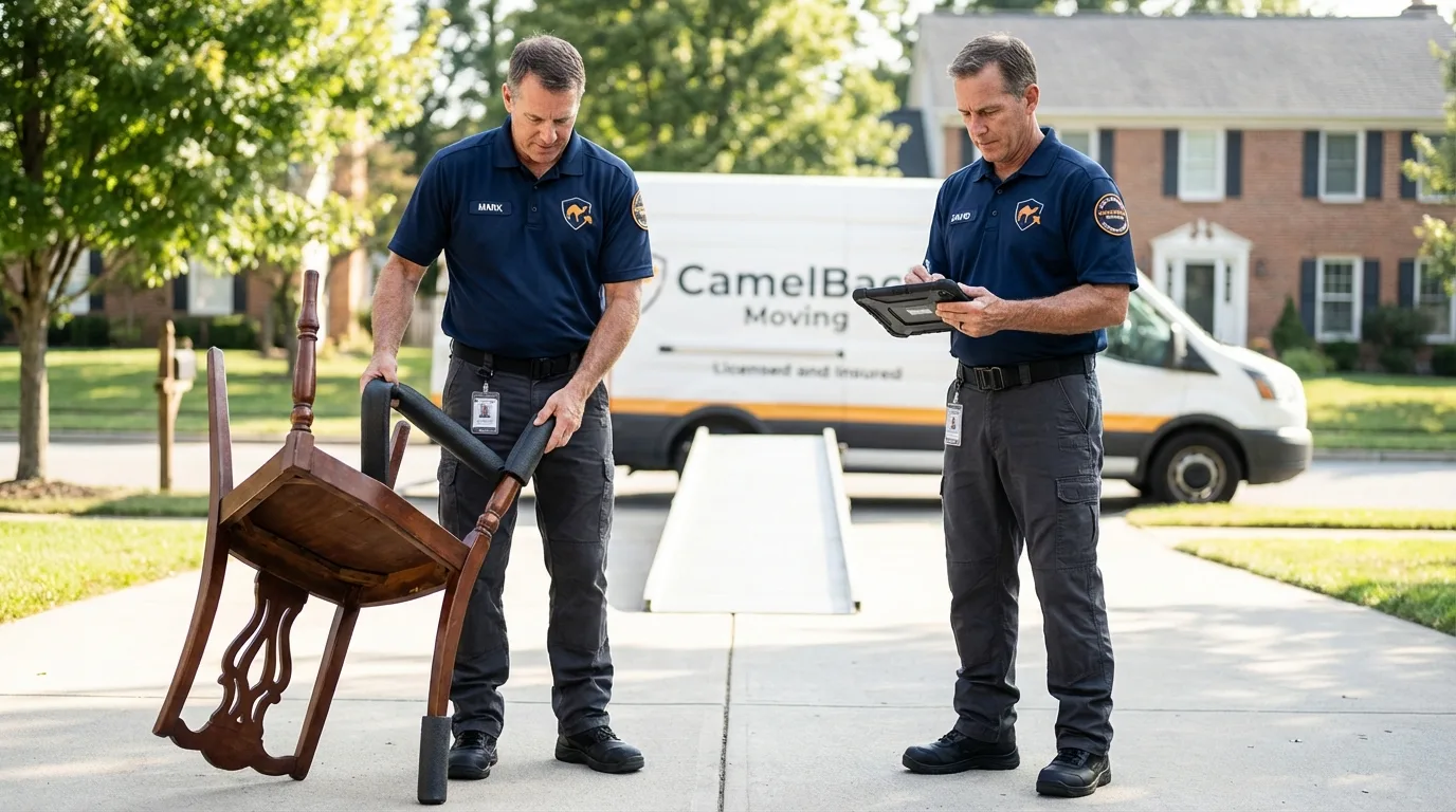 Movers inspecting furniture for damage prevention before loading in Groton, CT