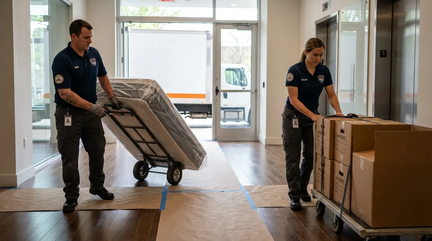 Professional apartment movers loading elevator in Groton, CT