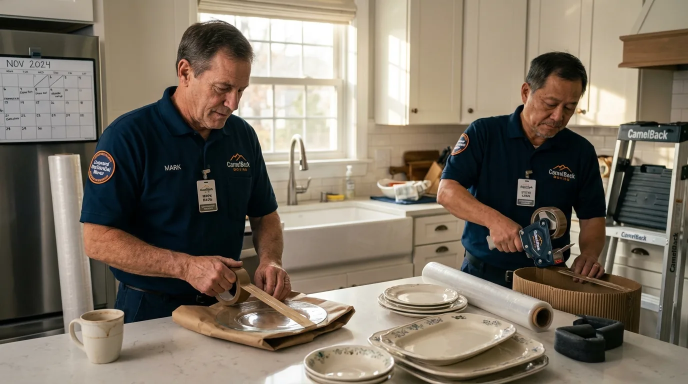 Professional crew packing kitchen dishware in Groton, CT
